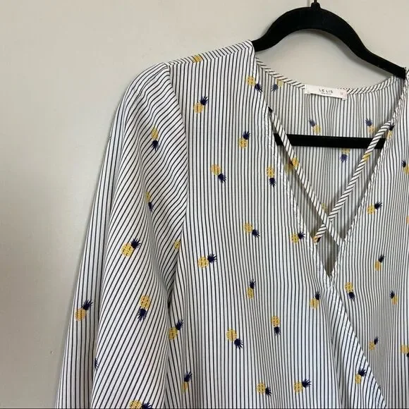 Le Lis-Pinstripe and Pineapple Faux Wrap Slit Bell Sleeve Top (Medium) - Picture 3 of 10